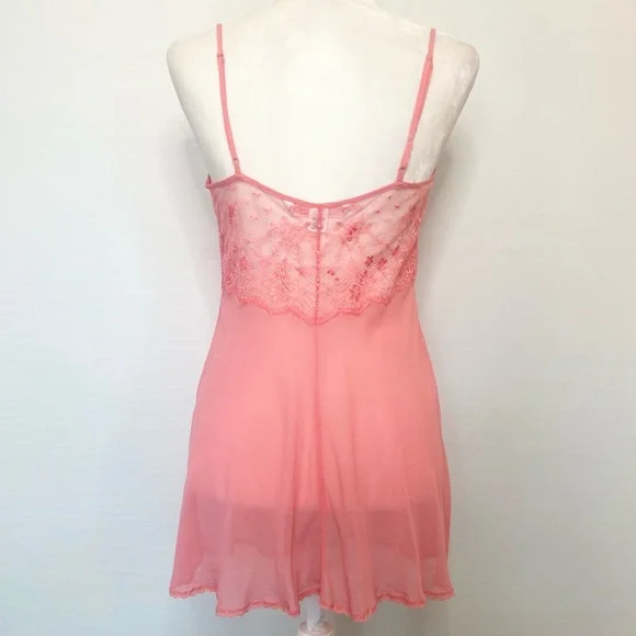 Y2K Victoria’s Secret Silk Pink Lace Chiffon Vintage VDay Babydoll Slip Dress M